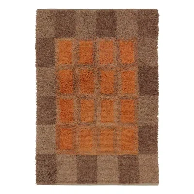 Rug & Kilim Vintage Swedish Rya Rug, Orange And Brown Geometric Checkerboard -  In Beige,brown,orange