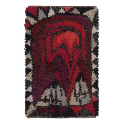 Rug & Kilim Vintage Swedish Rya Rug, Red And Gray Scandinavian Abstract Forms -  In Red,pink,white,cream,black,gray,silver
