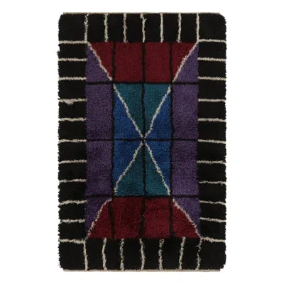 Rug & Kilim Vintage Swedish Rya Rug, Rich Scandinavian Geometric Pattern -  In Blue;black;red;purple;white;cream