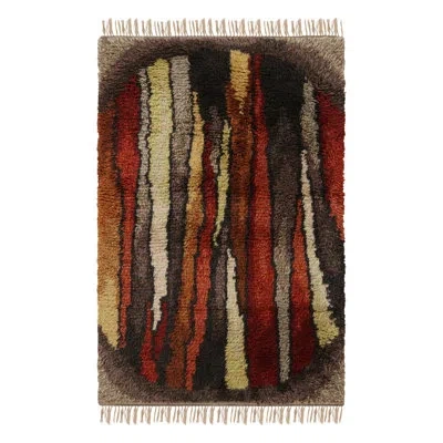 Rug & Kilim Vintage Swedish Rya Rug, Scandinavian Geometric Patterns -  In Brown;red;beige;orange;silver;gray