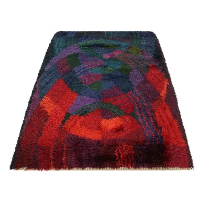 Rug & Kilim Vintage Swedish Rya Rug With Abstract Geometric Patterns |  In Blue;red;purple;green