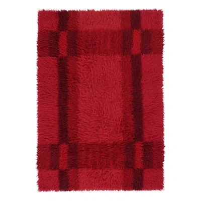 Rug & Kilim Vintage Swedish Rya Rug With Crimson Red Geometric Grid -