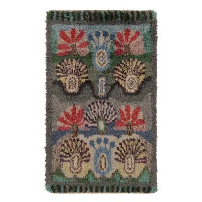 Rug & Kilim Vintage Swedish Rya Rug With Expressive Scandinavian Medallions -  In Blue;red;silver;gray;green