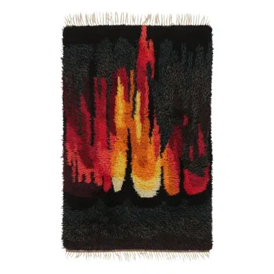 Rug & Kilim Vintage Swedish Rya Rug With Radiant Flame Abstract Design -  In Black;yellow;white;gray;green