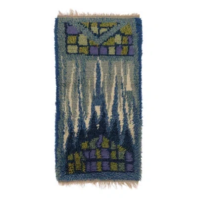 Rug & Kilim Vintage Swedish Rya Runner, Blue With Scandinavian Abstract Forms -  In Blue,green,black,beige,brown,purple,white,cream