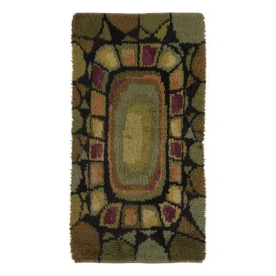 Rug & Kilim Vintage Swedish Rya Runner, Earth Tones With Mosaic Geometry -  In Black;pink;orange;green