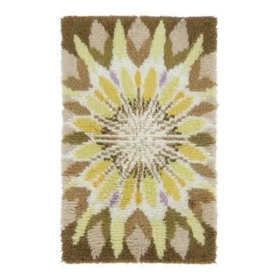 Rug & Kilim Vintage Swedish Rya Runner With Gold Sunflower Medallion Pattern -   In Brown;beige;gold