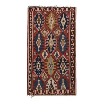 Rug & Kilim Vintage Tribal Kilim In Brick Red With Bold Geometric Patterns -  In Blue;brown;red;beige;gold;white;cream