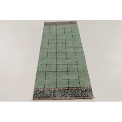 Rug & Kilim Vintage Turkish Distressed Runner In Mint Green Geometric Design -