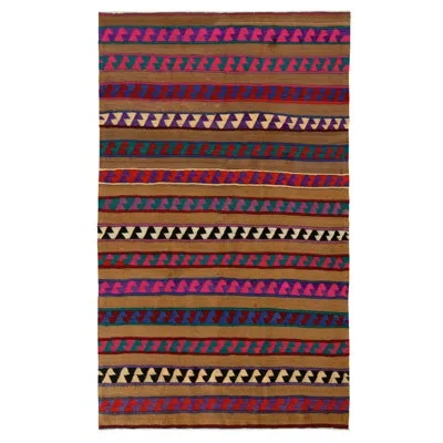 Rug & Kilim Vintage Turkish Kilim Rug In Brown, Rare Pink And Blue Stripe Pattern In Blue;brown;pink
