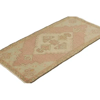 Rug & Kilim Vintage Turkish Rug In Pink With Polychromatic Geometric Medallion | In Blue;brown;beige;pink;white;green;cream