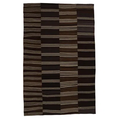 Pre-owned Rug & Kilim Wool Kilim In Brown Stripe, Handmade In Turkey