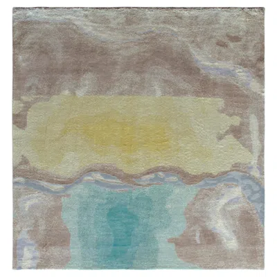 Pre-owned Rug & Kilim �s Abstract Square Rug In Beige, Blue & Yellow Wavy Patterns