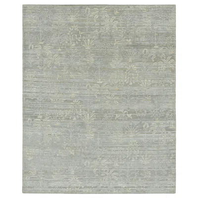 Pre-owned Rug & Kilim �s Block Print Rug, Blue And Gray With Cream White Floral Patterns