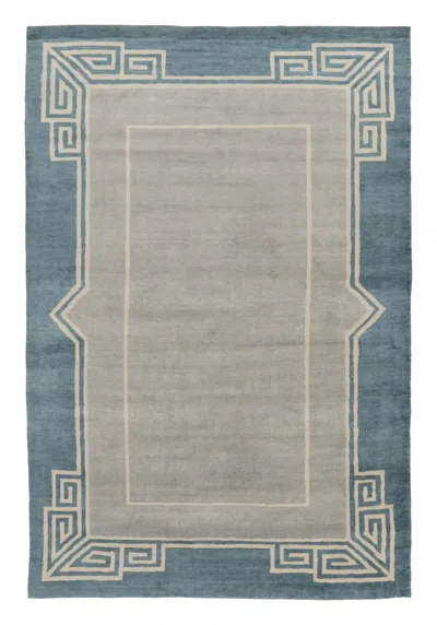 Pre-owned Rug & Kilim �s Oversized Contemporary Art Deco Style Rug In Teal, Ivory & Gray In White