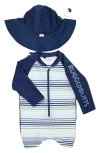 Ruggedbutts Coastal Stripe One-piece Rashguard Swimsuit & Hat Set In Coastal Stripe