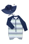 Ruggedbutts Coastal Stripe One-piece Rashguard Swimsuit & Hat Set In Coastal Stripe