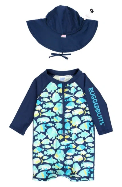 Ruggedbutts Babies' Fish Friends One-piece Swimsuit & Sun Hat Set In Blue