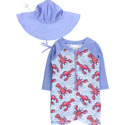 Ruggedbutts Babies'  Kids' Lobster Lagoon One-piece Rashguard Swimsuit & Sun Hat Set In Blue