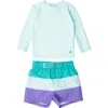 Ruggedbutts Long Sleeve Rashguard & Stripe Swim Trunks Set In Green
