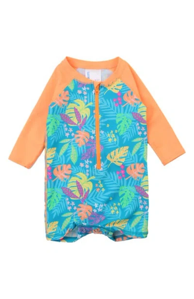 Ruggedbutts Babies'  Neon Tiki Vibes Long Sleeve One-piece Rashguard Swimsuit In Blue