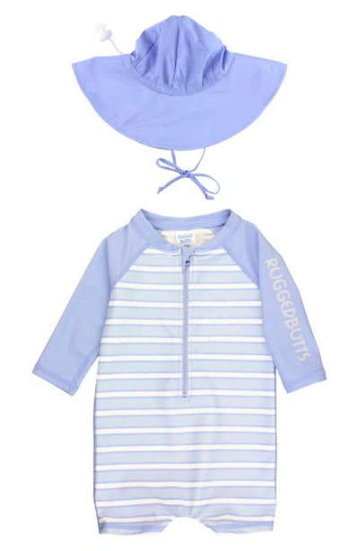 Ruggedbutts Babies' Periwinkle Stripe Long Sleeve One-piece Swimsuit & Sun Hat Set
