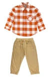Ruggedbutts Plaid Button-up Shirt & Joggers Set In Rust Plaid