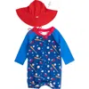 Ruggedbutts Play Ball One-piece Rashguard Swimsuit & Hat Set