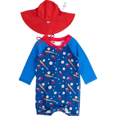Ruggedbutts Babies'  Play Ball One-piece Rashguard Swimsuit & Hat Set In Red