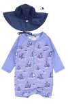 Ruggedbutts Seas The Day One-piece Rashguard Swimsuit & Bucket Hat Set In Blue