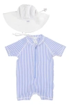 Ruggedbutts Seersucker One-piece Swimsuit & Sun Hat Set In Blue