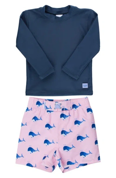 Ruggedbutts Babies'  Short Sleeve Rashguard & Whale Print Swim Trunks Set In Pink