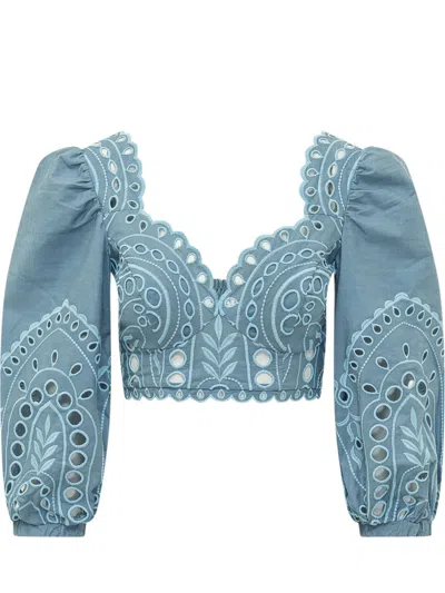 Rui Blue Embroidered Sweetheart Neck Top