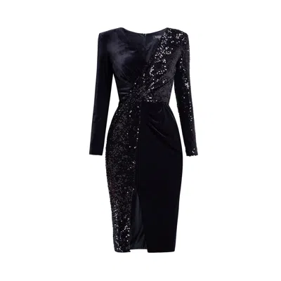 Rumour London Women's Black Seraphine Sequined Velvet Dress With V-neckline And Draped Detail