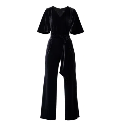 Rumour London Women's Layla Velvet Jumpsuit With Bell Sleeves & Sash In Black