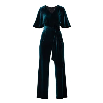 Rumour London Women's Layla Velvet Jumpsuit With Bell Sleeves & Sash In Emerald Green