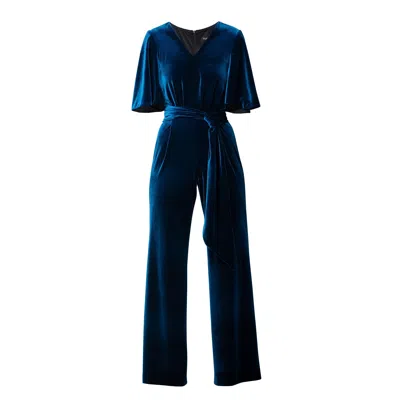Rumour London Women's Layla Velvet Jumpsuit With Bell Sleeves & Sash In Royal Blue