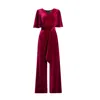 Rumour London Women's Red Layla Velvet Jumpsuit With Bell Sleeves & Sash In Burgundy In Red