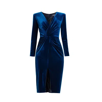 Rumour London Women's Scarlett Velvet Dress With V-neckline & Draped Detail In Royal Blue