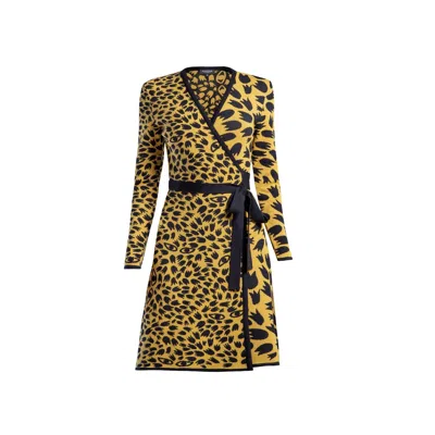 Rumour London Women's Yellow / Orange / Black Savannah Jacquard-knit Wrap Dress With Animal Pattern In Yellow In Yellow/orange/black