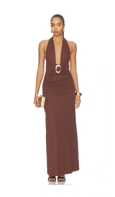 Runaway The Label Arina Halter V-neck Maxi Dress In Brown