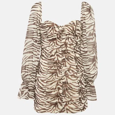 Runaway The Label Brown Animal Skin Print Chiffon Ruche Mini Dress In White