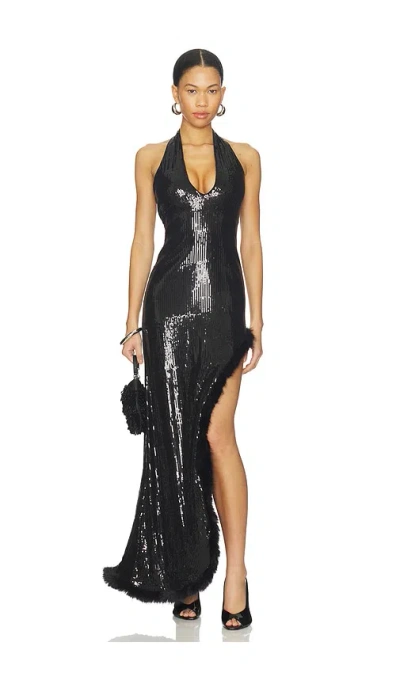 Runaway The Label Courtney Faux Fur Trim Maxi Dress In Black