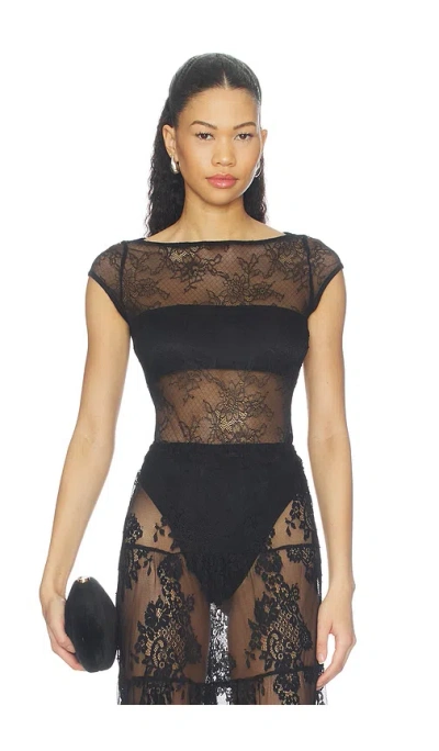 Runaway The Label Opaline Boat Neck Lace Bodysuit In Black