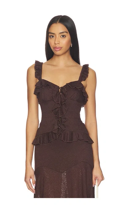 Runaway The Label Roxelle Ruffle Split Front Top In Brown