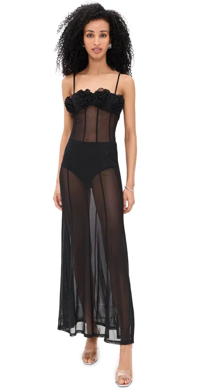 Runaway The Label Sheer Flower Trim Maxi Dress Black