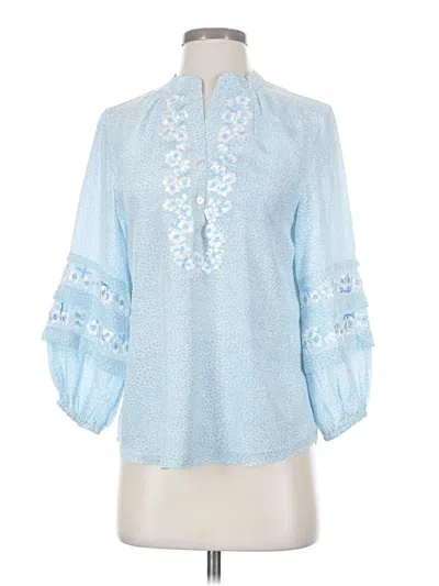 Pre-owned Rungolee 3/4 Sleeve Silk Top Blue Mock Neckline Tops