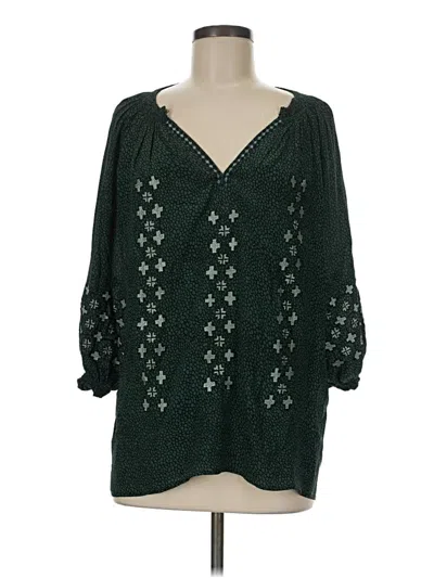 Pre-owned Rungolee 3/4 Sleeve Silk Top Green Plunge Neckline Tops