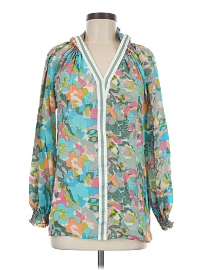 Pre-owned Rungolee 3/4 Sleeve Silk Top Teal Plunge Neckline Tops