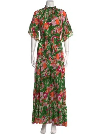Pre-owned Rungolee Floral Print Long Dress In Green